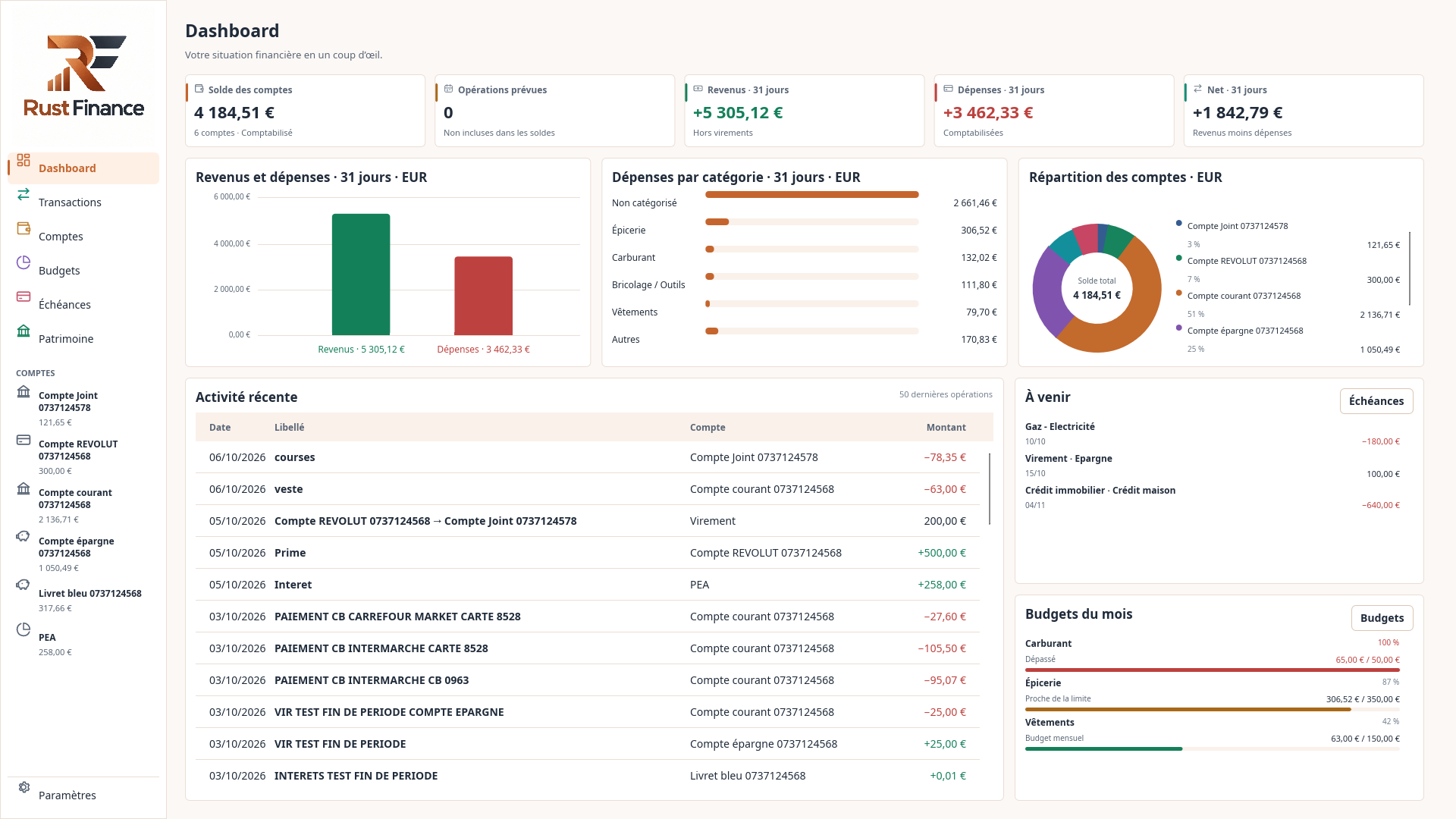 Painel do Rust Finance com contas, movimentos recentes e pagamentos futuros
