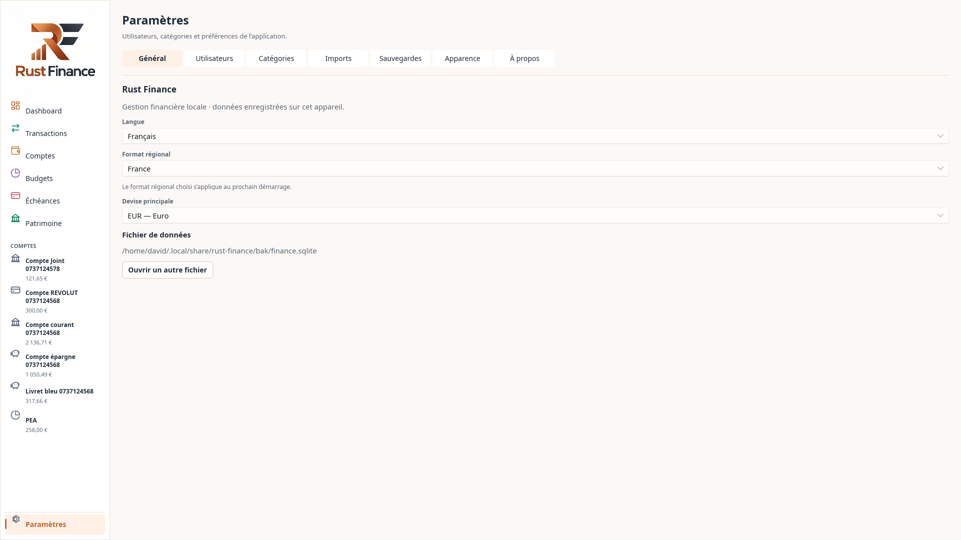 Ecrã de definições e categorias do Rust Finance