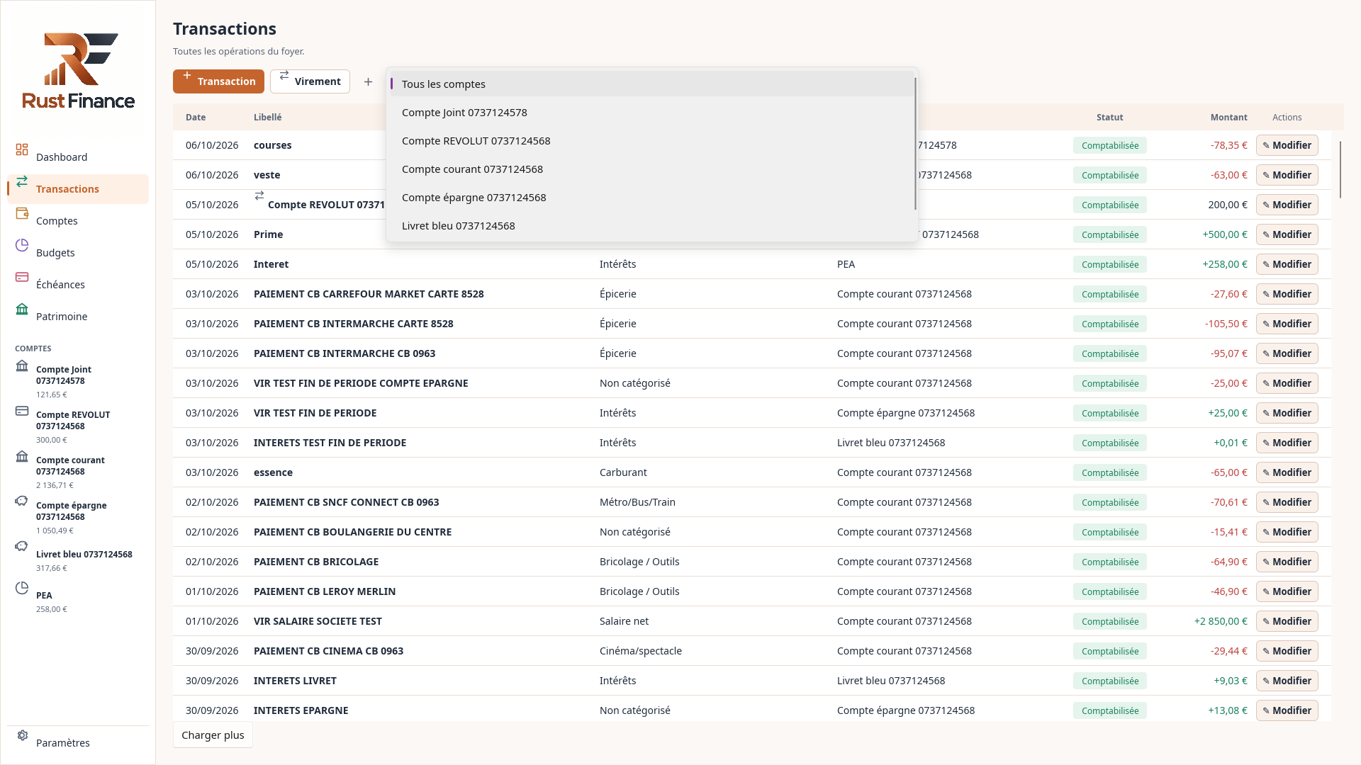 Lista de movimentos no Rust Finance